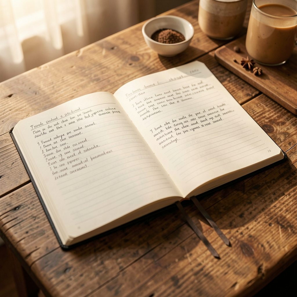 Open food journal on a worn wooden table, handwritten notes visible, shallow depth of field, warm morning light