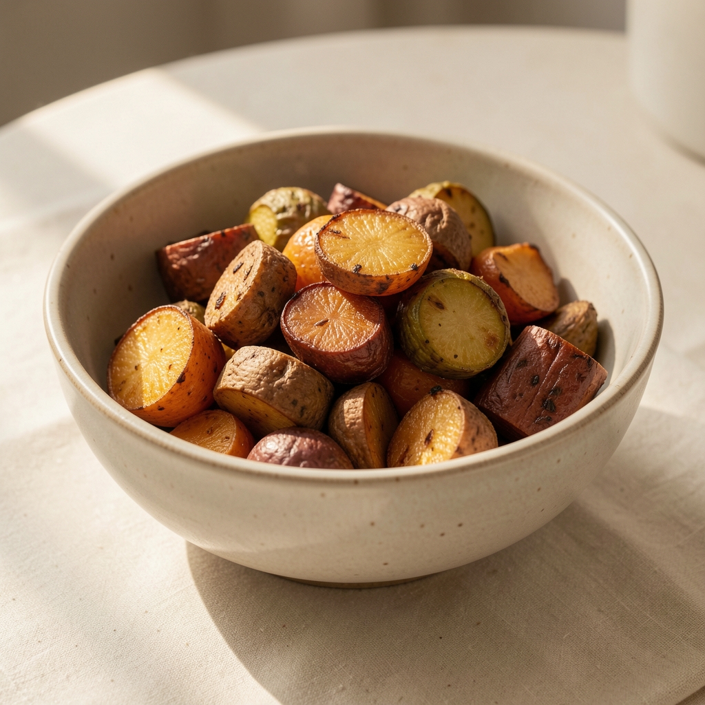 Bowl of roasted root vegetables in natural light, warm earthy tones on pale ceramic surface